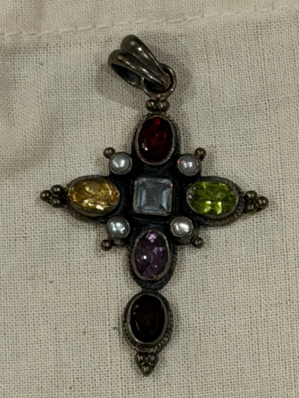 Vintage Nicky Butler NB 925 Sterling Silver Multi Gemstone Cross Pendant Pearl